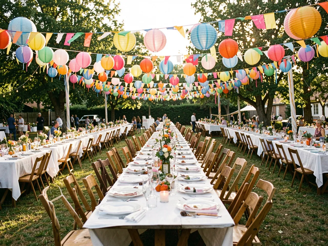 Outdoor party ambiance with colorful decorations for large events